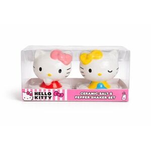 Hello Kitty Ceramic Salt Pepper Shaker Set Pink‎ Yellow Bow Sanrio Licensed